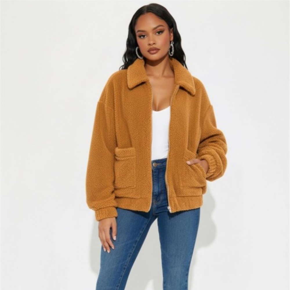 •Essentially Chic• Cognac Sherpa Teddy Jacket - Picture 3 of 3